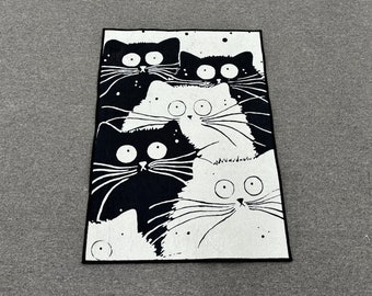 Tappeto astratto con gatto, tappeto da cucina, tappeto per la porta d'ingresso, tappeto astratto con gatto, tappeto da bagno, tappeto da bagno, tappeti con disegni di gatti, tappeti con animali, tappeto in bianco e nero,