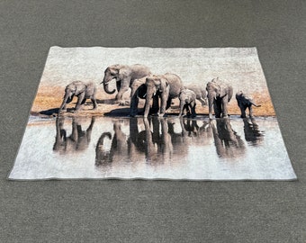 Big African Elephants Rugs, Elephant Family Rugs, Farmhouse Rug, Animal Rug, Colorful Rug, Anti-Slip Carpet, Easy To Clean Rug, Small Rug,