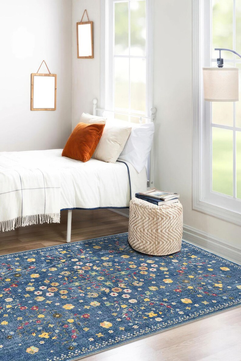 Blue Floral Digital Rug, Whimsical Botanical Style Printed Carpet ...