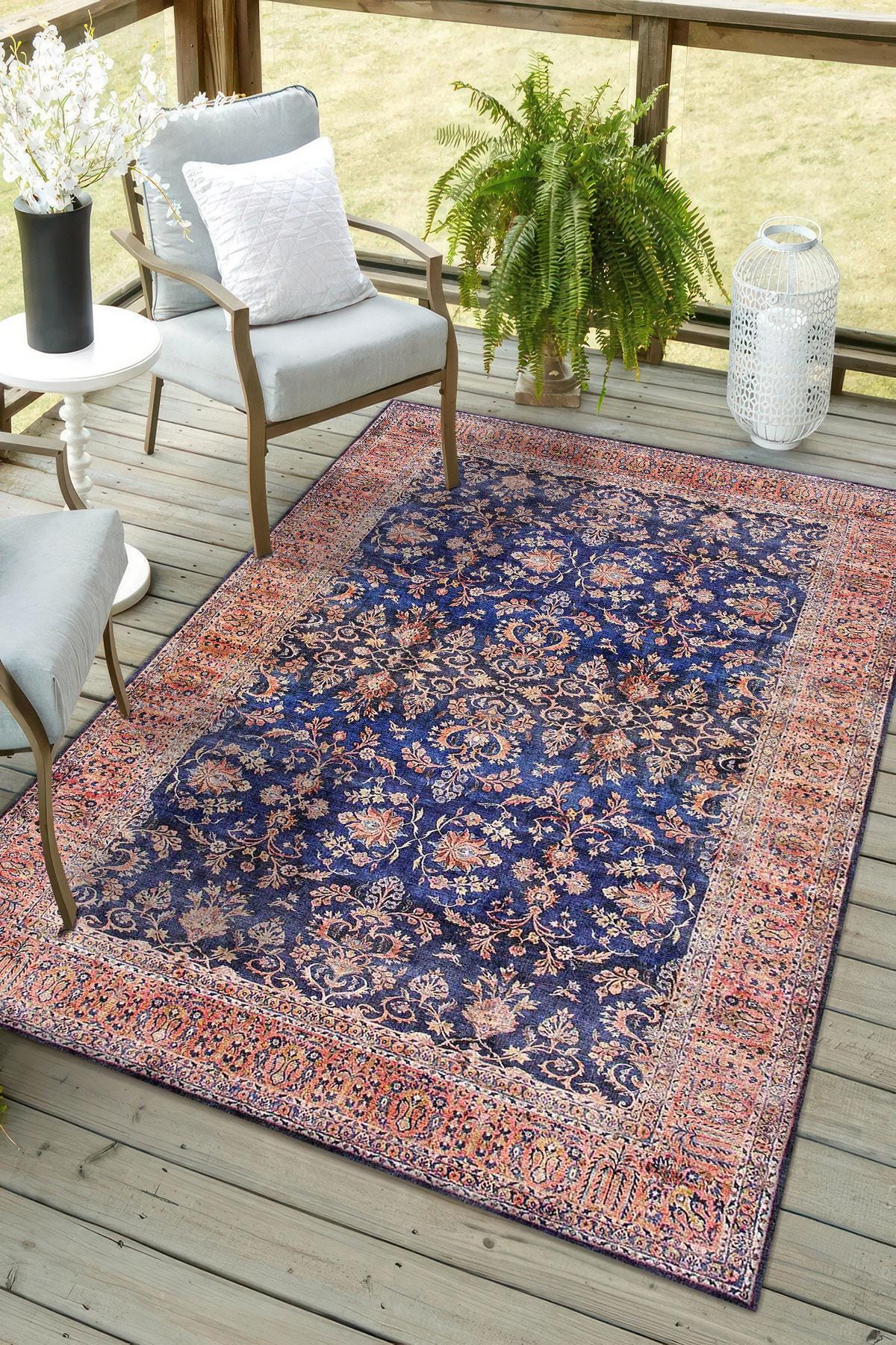 Navy Blue Kurdish Digital Rug, Floral Medallion Outdoor Area Carpet ...