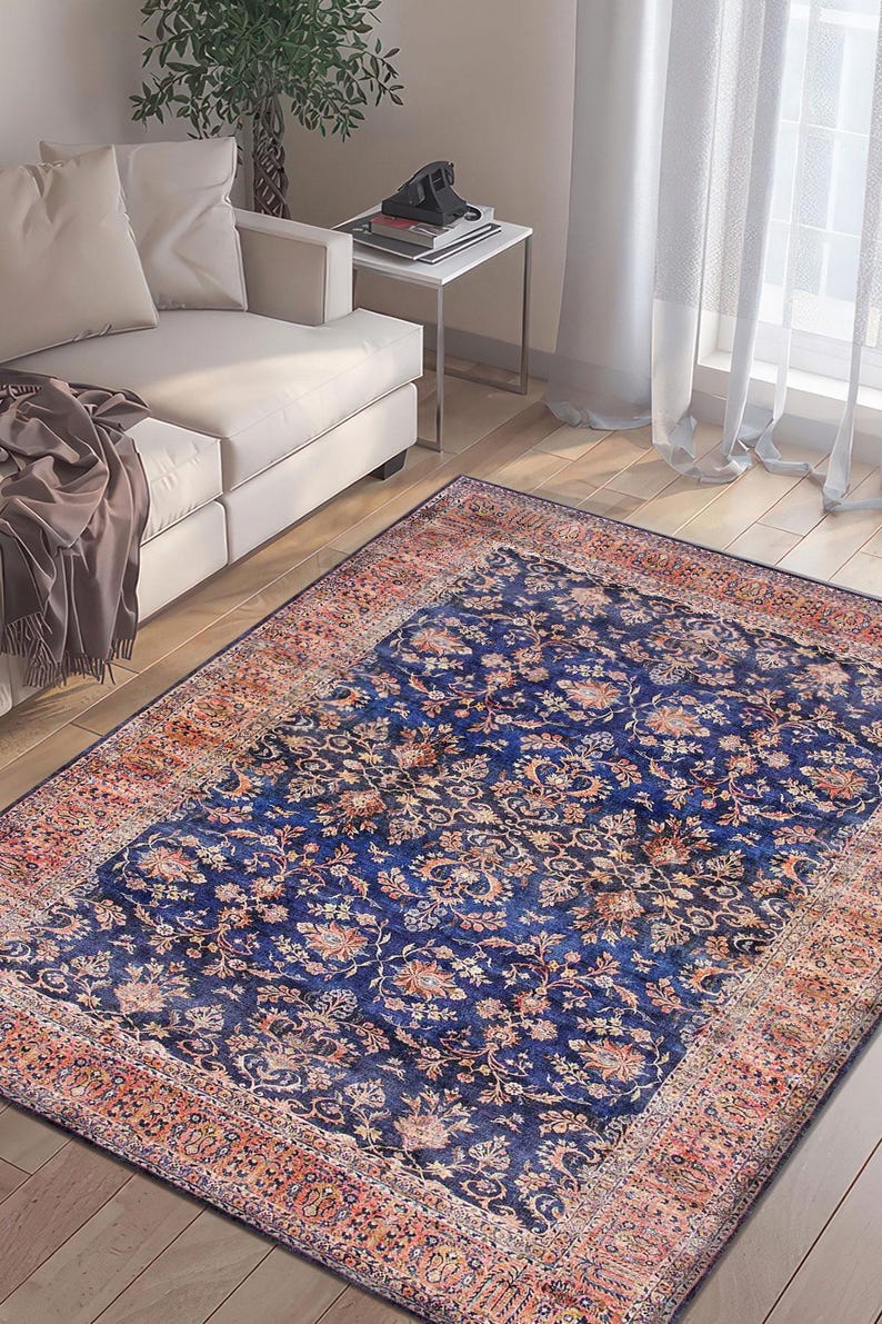 Devora Digital Rug Navy Blue Kurdish Digital Rug, Floral Medallion Outdoor Area Carpet ...