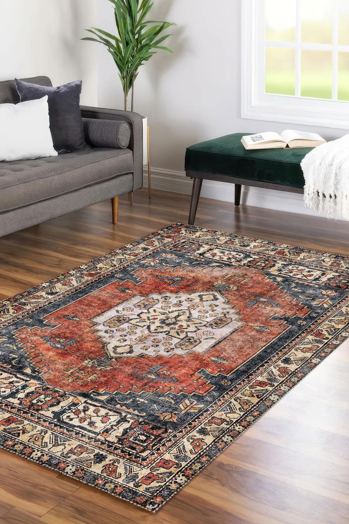 Devora Digital Rug Rust Red and Navy Outdoor Digital Rug, Medallion Tribal Printed Carpet ...