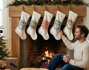 Custom Christmas Stockings, Cream Retro Xmas Socks, Personalized Family Mantel Decor, Retro Christmas Gift