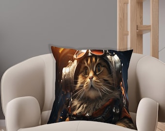 Puede incluir: Cojín decorativo con un gato atigrado con un casco futurista con gafas naranjas. El gato tiene ojos grandes y largos bigotes. El cojín está sobre un sillón color crema.
