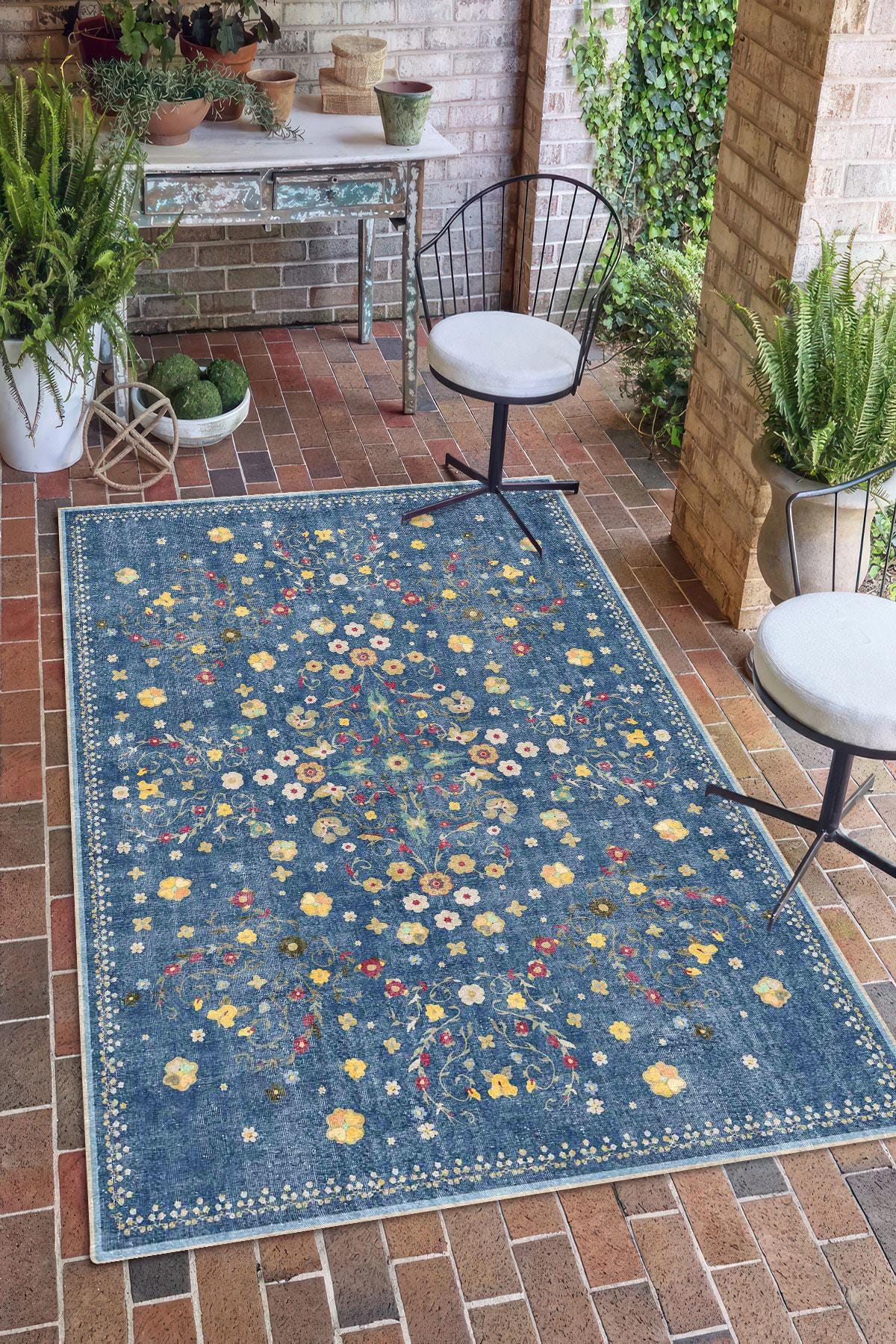 Pattern Floral Whimsical Rug Blue Floral Digital Rug, Whimsical Botanical Style Printed Carpet ...
