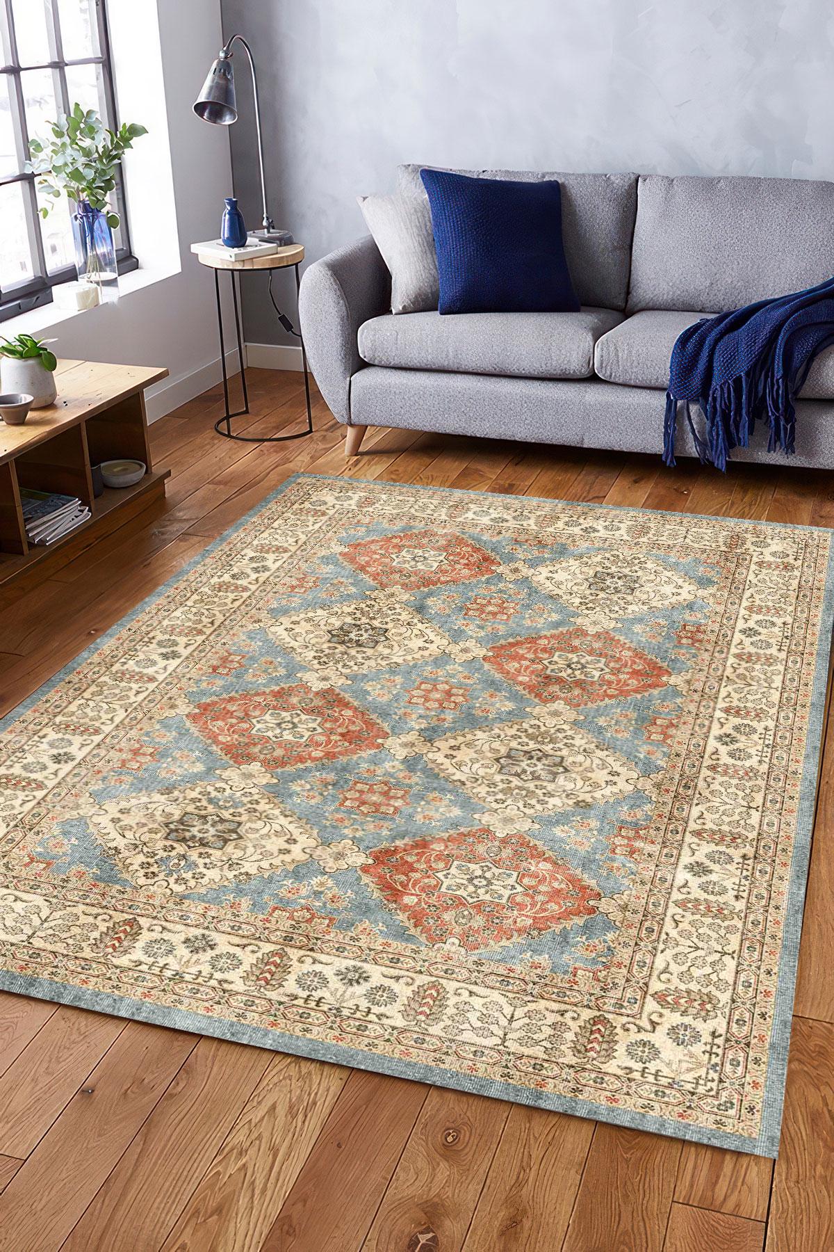 錆と青の幾何学模様のデジタルラグ、ヴィンテージダイヤモンド柄