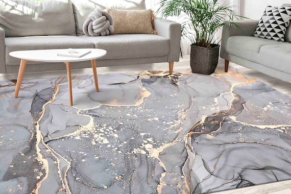 Grauer und goldener Marmor Teppich, Schimmernde Teppiche, Alkohol Tinte Teppich, Personalisierter Teppich, Moderne Teppiche, Weicher Teppich , Dünne Teppiche, Akzent Teppiche, Wohndekor,
