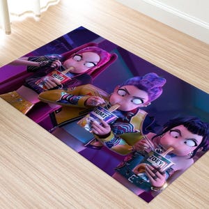Funny Anime Girls Rug, Digital Print Floor Mat with Ramen Scene, Colorful Cartoon Carpet for Bedroom, Teen Room or Gaming Space