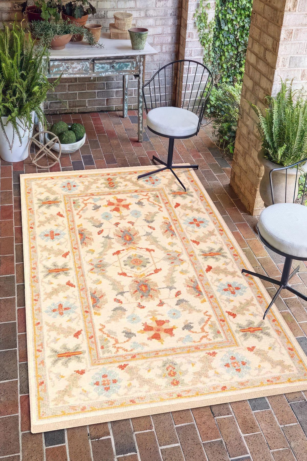 Beige and Orange Digital Rug, Traditional Outdoor Style Printed Carpet ...