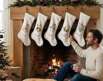 Personalized Christmas Stockings, Cream Watercolor Xmas Stocking, Cute Animal Designs, Custom Name Family Christmas Gift