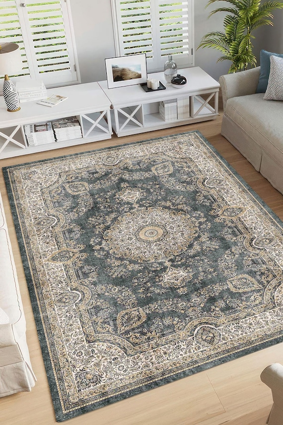 Dark Teal Medallion Area Rug, Traditional Kurdish Style Carpet