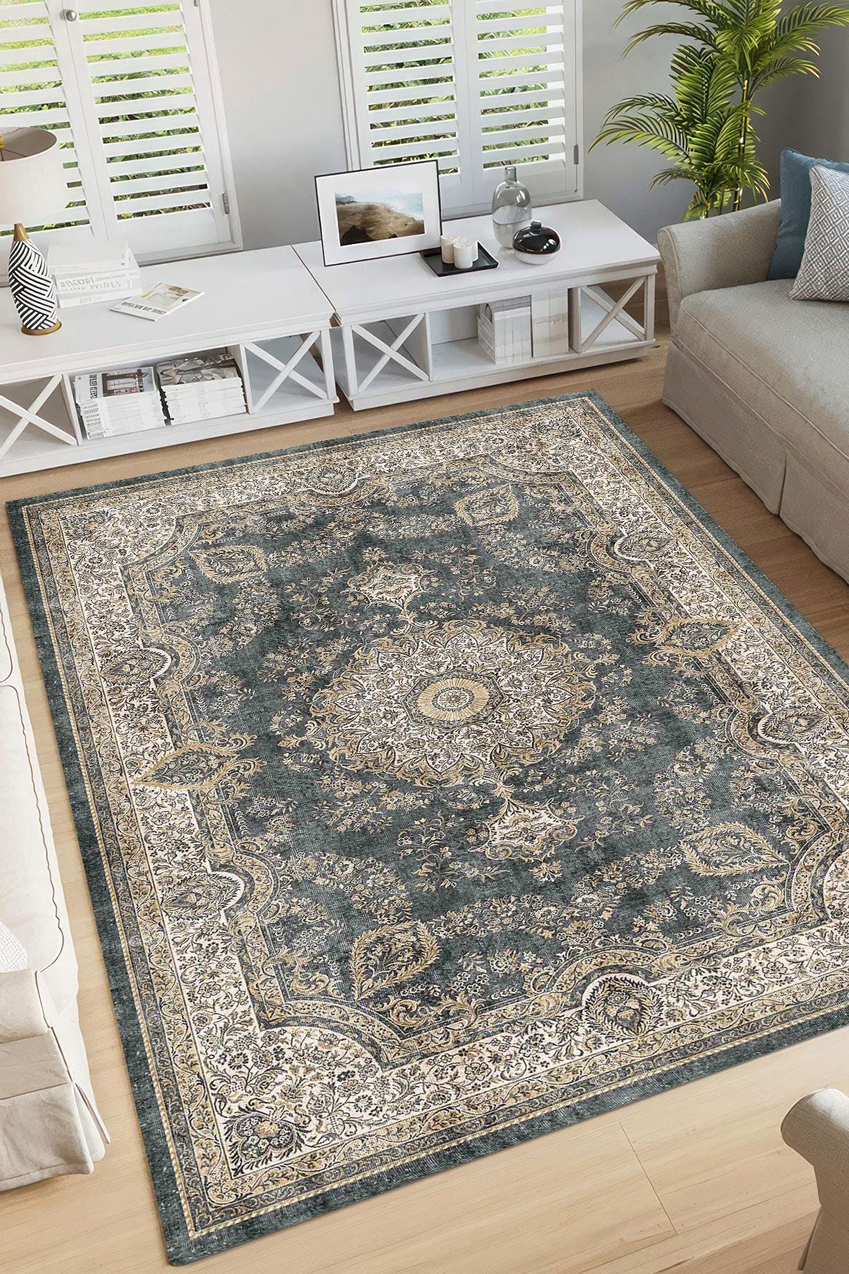 Dark Teal Medallion Area Rug, Traditional Kurdish Style Carpet