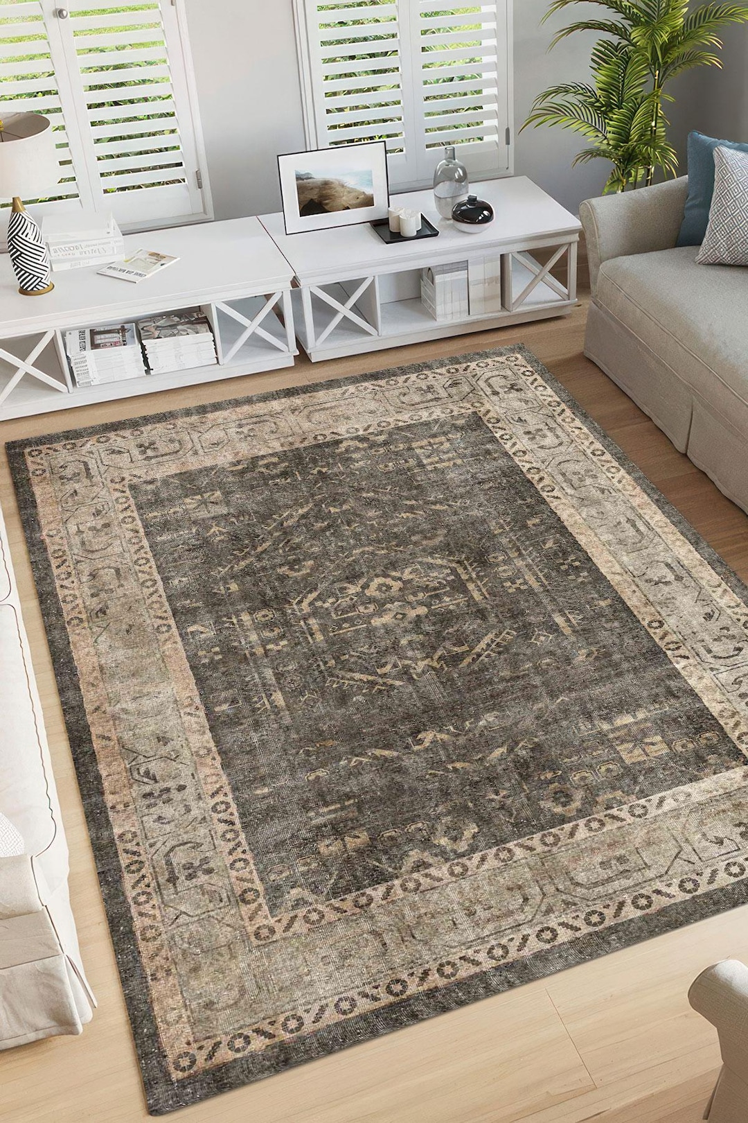 Devora Digital Rug Dark Brown Vintage Digital Rug, Distressed Geometric Medallion Style ...