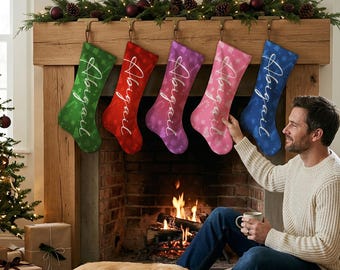 Personalized Name Christmas Stockings, Colorful Xmas Socks, Cursive Name Print, Snowflake Candy Cane Designs, Family Christmas Gifts