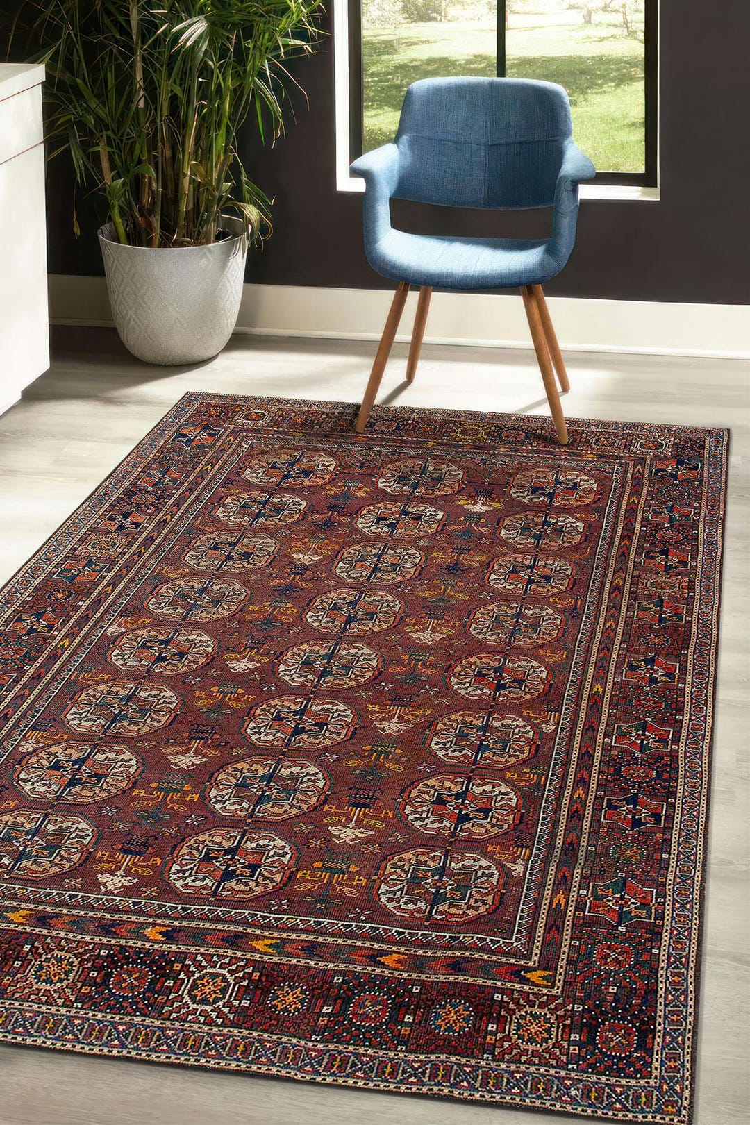 Digital Rug Red Caucasian Digital Rug With Repeating Medallions, Vintage Style ...