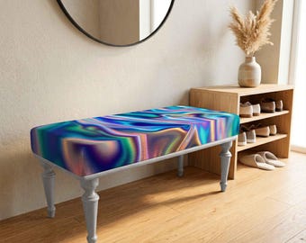 Iridescent Blue Bench, Liquid Chrome Style Upholstery, Futuristic Modern Furniture, Color Shift Accent Seating, Contemporary Statement Bench