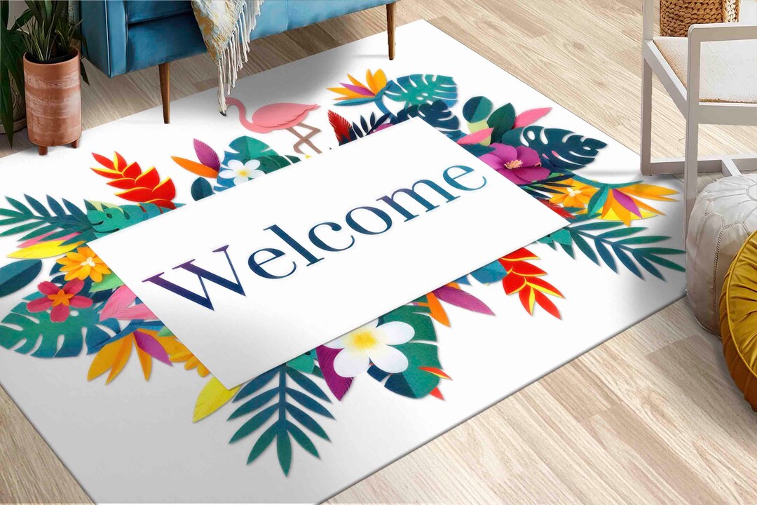 Greetings Rug Floral Welcome Rugs, Welcome Rug, Personalized Rug, Botanical Rug, Door ...