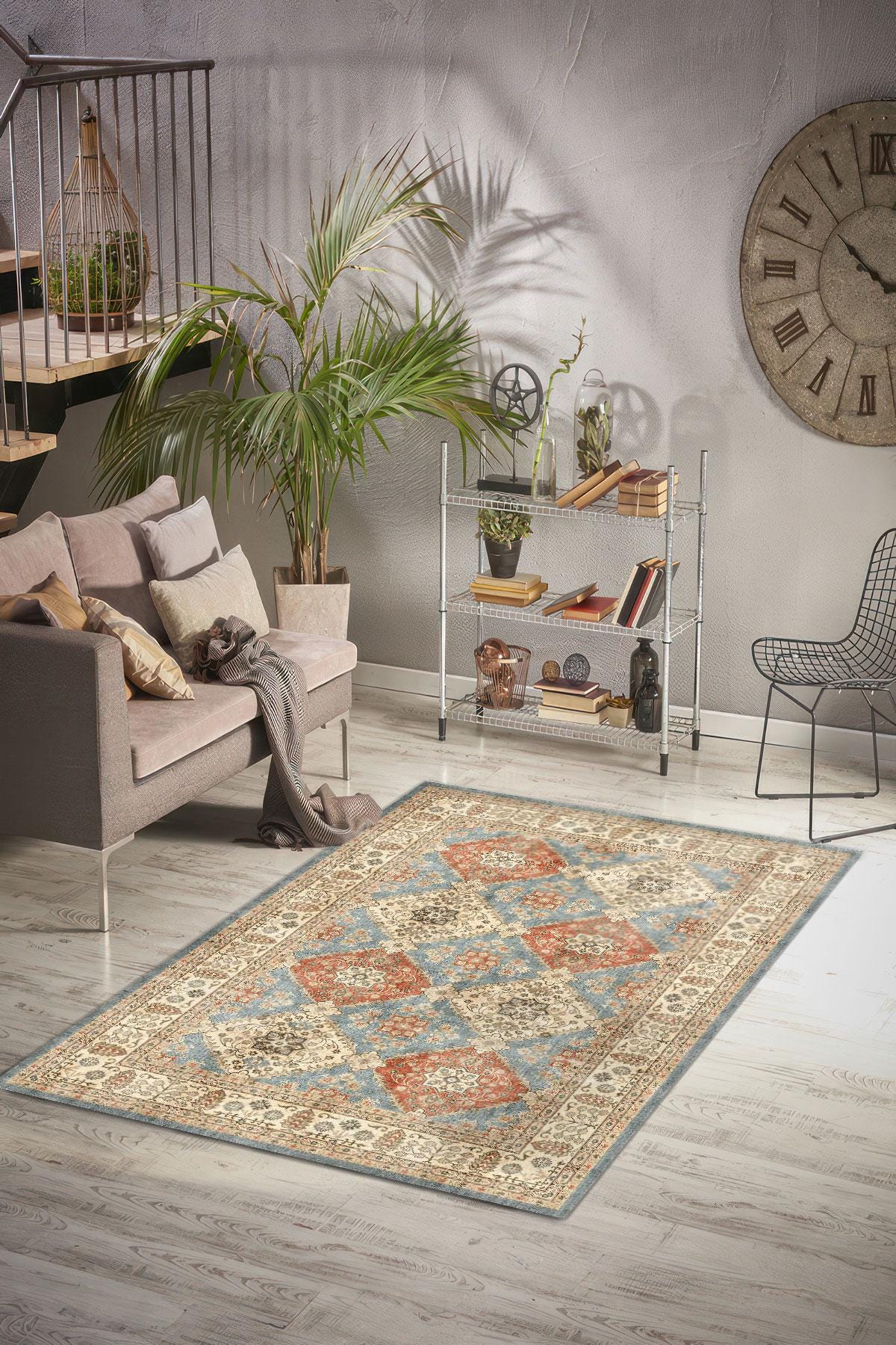 錆と青の幾何学模様のデジタルラグ、ヴィンテージダイヤモンド柄