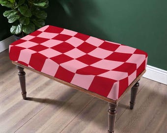 Red Pink Checkerboard Bench, Wavy Geometric Upholstered Furniture, Retro Modern Accent Seating, Bold Statement Home Decor
