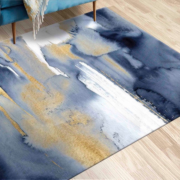 Modern Rugs, Large Rug, Navy Blue Rug, Accent Rugs, Luxury Rug, Blue And Gold Painting Rugs, Front Door Rugs, Hallway Rug, Car Mat Rug,