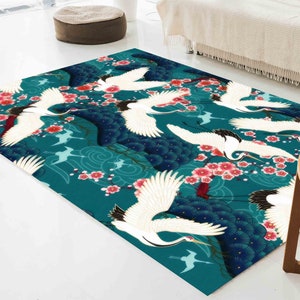 Japanese Cranes Rugs, Trendy Rug, Crane Rug, Animal Rug, Bridesmaid Gift, Easy To Clean Rug, Hallway Rug, Luxury Rug, 3D Printed Rug,