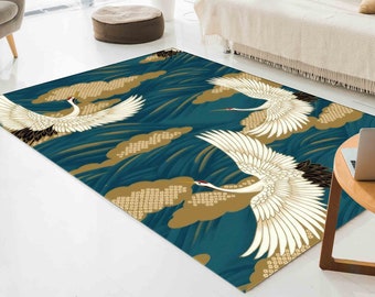 Animal Rugs, Japanese Rug, Salon Rug, Personalized Gifts Rugs, Japanese Art Crane Birds Rugs, Abstract Rug, Anti-Slip Carpet Rug,