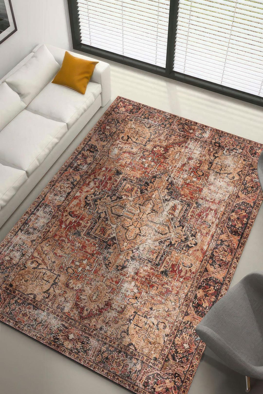 Rust and Tan Vintage Digital Rug, Distressed Medallion Printed Carpet ...