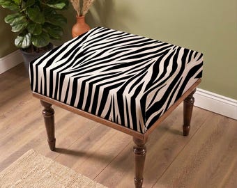 Zebra Print Bench, Black White Upholstered Furniture, Animal Pattern Accent Seating, Safari Inspired Statement Bench, Modern Home Decor