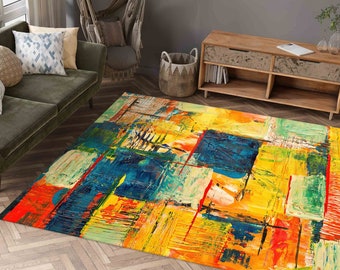 Yellow Painting Rugs, Navy Blue Rug, Modern Rug, Kitchen Rug, Colorful Rug, Small Rug, Non Slip Rug, Gift For Him, Runner Rug, Abstract Rug,