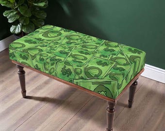 Green Money Pattern Bench, Dollar Bill Upholstered Furniture, Pop Art Seating, Modern Statement Bench, Funky Home Accent