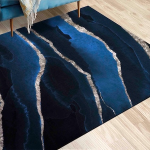 Navy Blue Marble Rug, Luxury Marble Rug, Blue Rug, Modern Rugs, Indoor Rug, Thin Rug, Customs Rug, Non-Slip Carpet, Office Rug, Silver Rug,