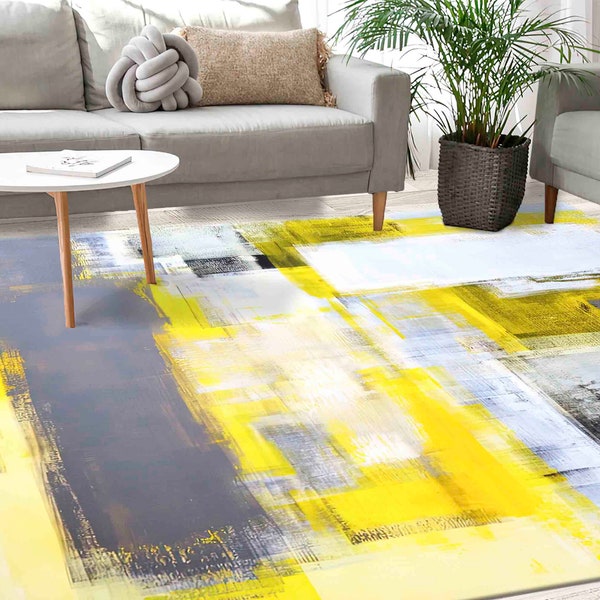 Salon Rug, Wedding Rug, Modern Rug, Kitchen Rug, Yellow And Gray Rugs, Contemporary Rugs, Minimal Rugs, Easy to Clean Rug, Living Room Rug,