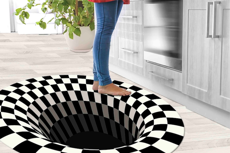 Illusion Rug, Optical Illusion Rug, Black And White Rug, Round Soft Rug, 3D Vortex Rug, Circle Rug, Small Rug, Home Decor Rug, Chenille Rug, image 2