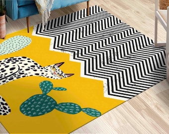 Bright Yellow Cat Rug, Yellow Rug, Modern Rugs, Outdoor Rug, Decorative Rug, Large Rug, Non Slip Rug, Personalized Rug, Minimal Soft Rug,