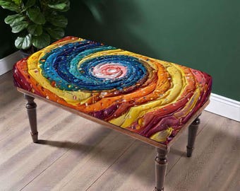 Galaxy Swirl Bench, Colorful Cosmic Upholstered Furniture, Modern Art Seating, Abstract Statement Bench, Artistic Home Decor