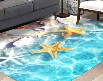 Coastal Starfish Chenille Rug, Anti-Slip Beach Decor