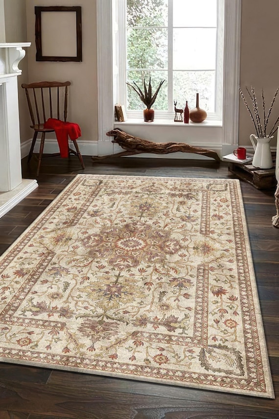 Ivory and Beige Kurdish Digital Rug, Vintage Floral Medallion