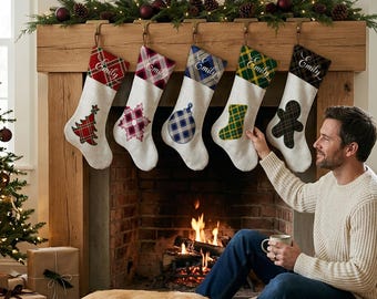 Personalized Plaid Christmas Stockings, Custom Name Tartan Xmas Socks, Snowflake Tree Designs, Family Christmas Gift