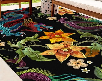 May include: Black rug with colorful embroidered dragons and flowers. The rug features a detailed design with intricate details.