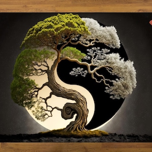 Puede incluir: Una imagen estilizada de un árbol con hojas verdes y blancas, formando la forma de un símbolo yin yang. Las ramas del árbol están entrelazadas, representando el equilibrio y la armonía.