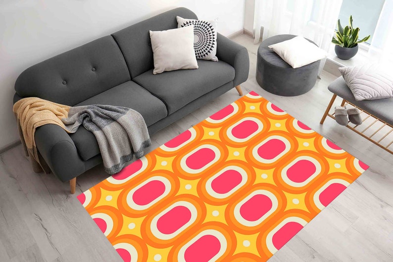 Retro Rugs, 70s Rug, Orange Rugs, Modern Rugs, Office Rug, Customs Rug, Pink Rug, Hallway Rug, Machine Washable Rug, Personalized Rug, image 2