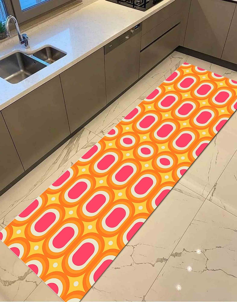 Retro Rugs, 70s Rug, Orange Rugs, Modern Rugs, Office Rug, Customs Rug, Pink Rug, Hallway Rug, Machine Washable Rug, Personalized Rug, image 1