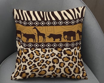 Safari Animal Pillow Cover 20x20, Wild Pattern Throw Pillow, Jungle Decor Cushion, Zebra Leopard Print Accent Pillow, Boho Home Decor