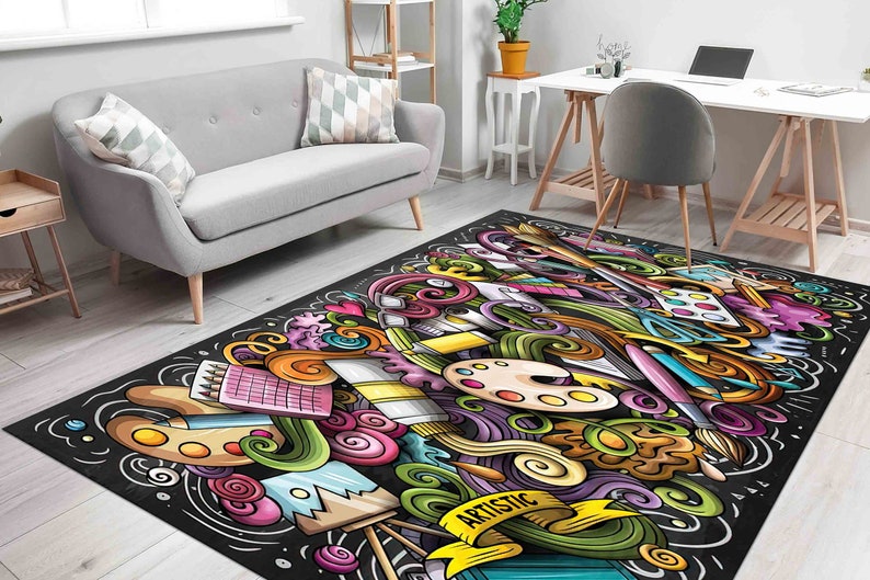 Painter Rug, Colorful Rug, Brushes Rug, Artistic Rug, Hobby Room Rug, 3D Printed Rug, Luxury Rug, Modern Rugs, Non Slip Rug, Hallway Rug, image 2