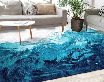 Blue Ocean Waves Rug, Modern Landscape Print, Washable Area Rug