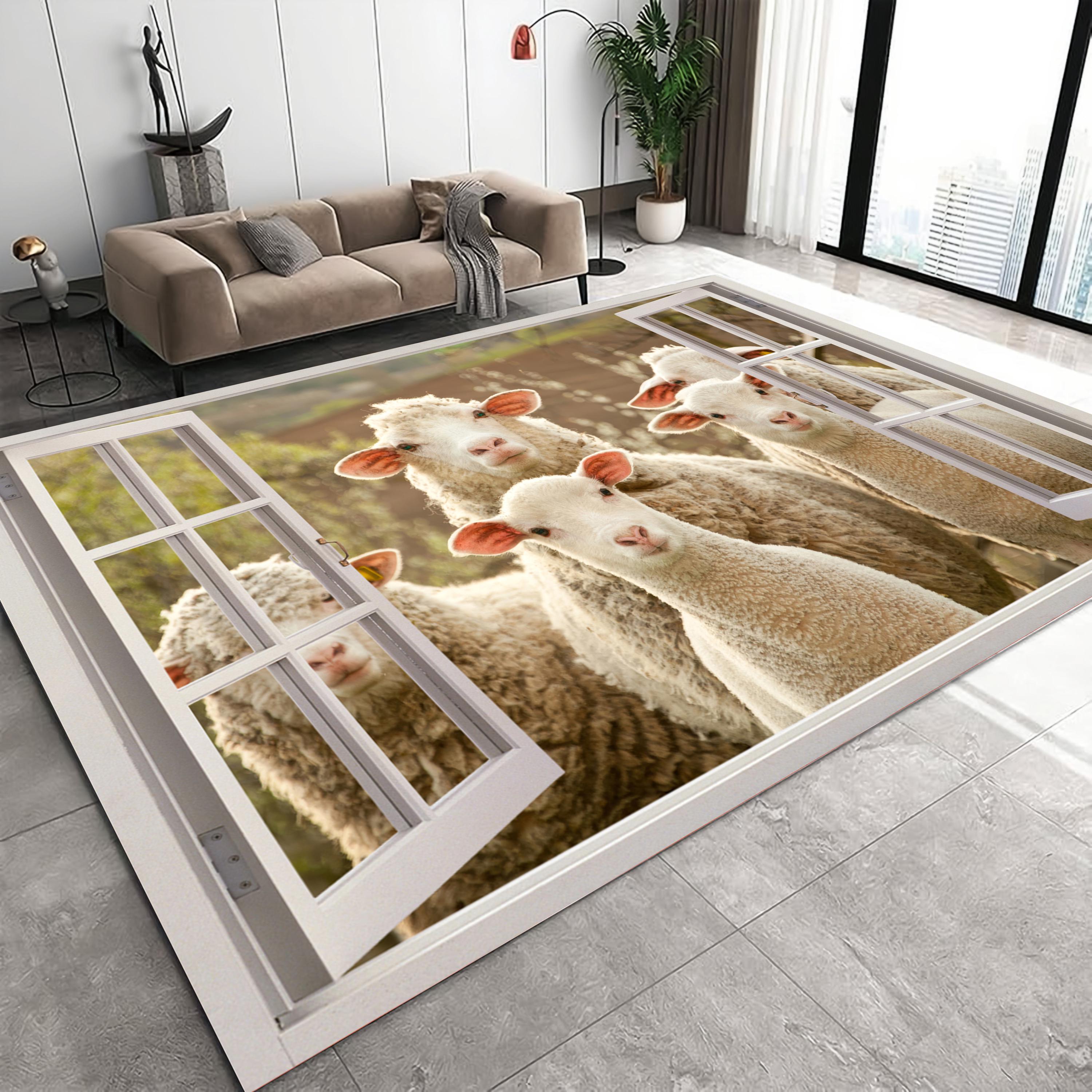 MaisonSTRAW-SHEEP ラグマット Sheep Print Rug, Farm Animal Mat, Lamb Carpet, Country Decor