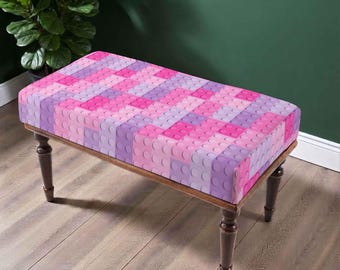 Pink Building Block Bench, Playful Modern Upholstered Furniture, Geometric Brick Pattern Seating, Colorful Statement Bench