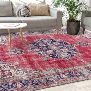 Red Rug, Navy Blue Rug, Ethnic Pattern Rug, Antique Decor Rug, Turkish Rug, Non Slip Rug, Accent Rug, Area Rug, Thin Rug, Home Decor Rug,