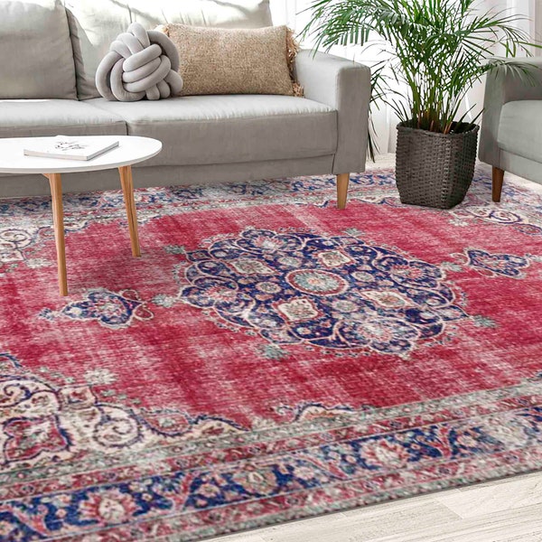 Roter Teppich, Marineblauer Teppich, Teppich mit Ethno-Muster, Antiker Teppich, Türkischer Teppich, Rutschfester Teppich, Akzentteppich, Kelimteppich, Dünner Teppich, Wohndekor