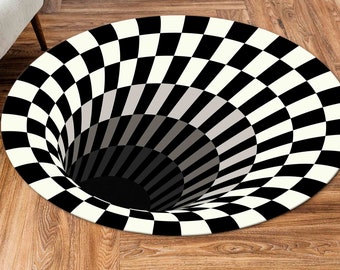 May include: A black and white checkered round rug with a 3D optical illusion of a swirling hole in the center.
